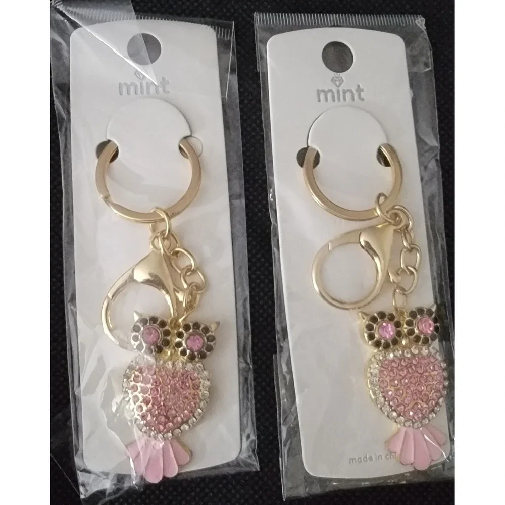 Mint Pink Rhinestone Owl Keychain Gold Tone‎ Bag Charm Bird Accessory New